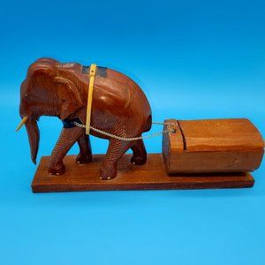 VINTAGE HAND CARVED ELEPHANT PULLING/WORKING TRUNK